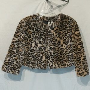 Leopard Print Faux Fur Crop 3/4 Sleeve Jacket ! S